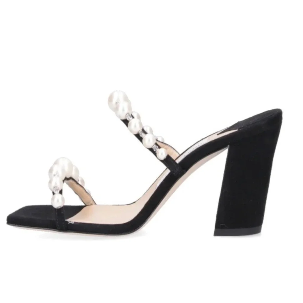 Jimmy Choo Sandals Amara 85 Black Suede Pearl  Block Heel‎ Size 40/US 10